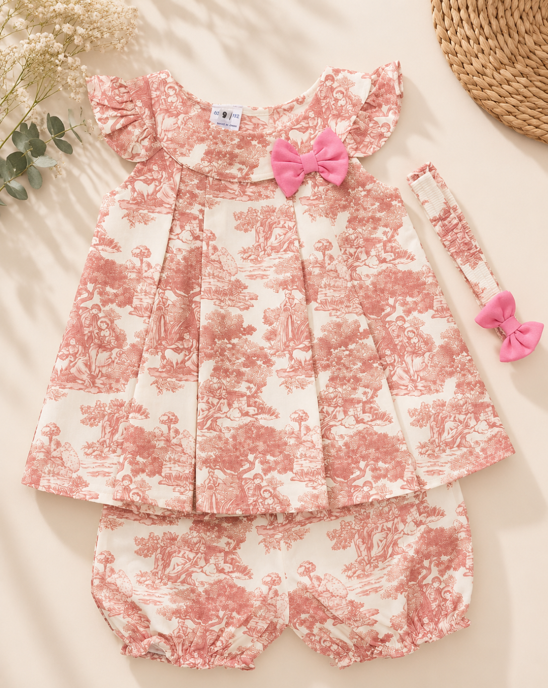 A baby girl's three-piece outfit set featuring a ruffled sleeveless top, matching bloomers, and a headband, all in a pink and white toile de Jouy pattern with a pink bow accent, laid flat on a beige background.