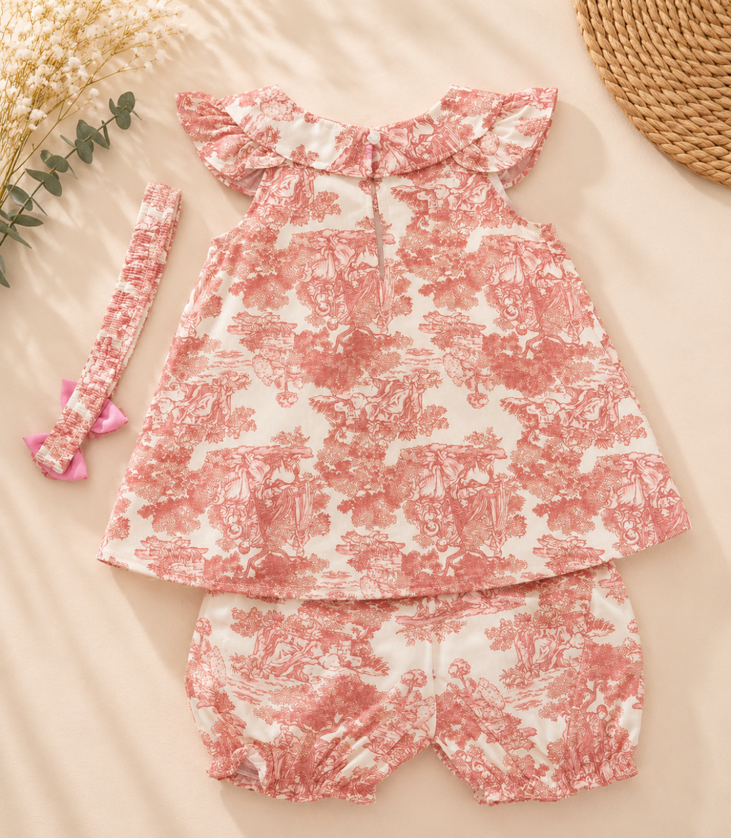 A baby girl's two-piece outfit set featuring a sleeveless ruffle-neck top and matching shorts in a pink and white toile de Jouy pattern, shown with a matching pink bow headband on a beige background with decorative props.