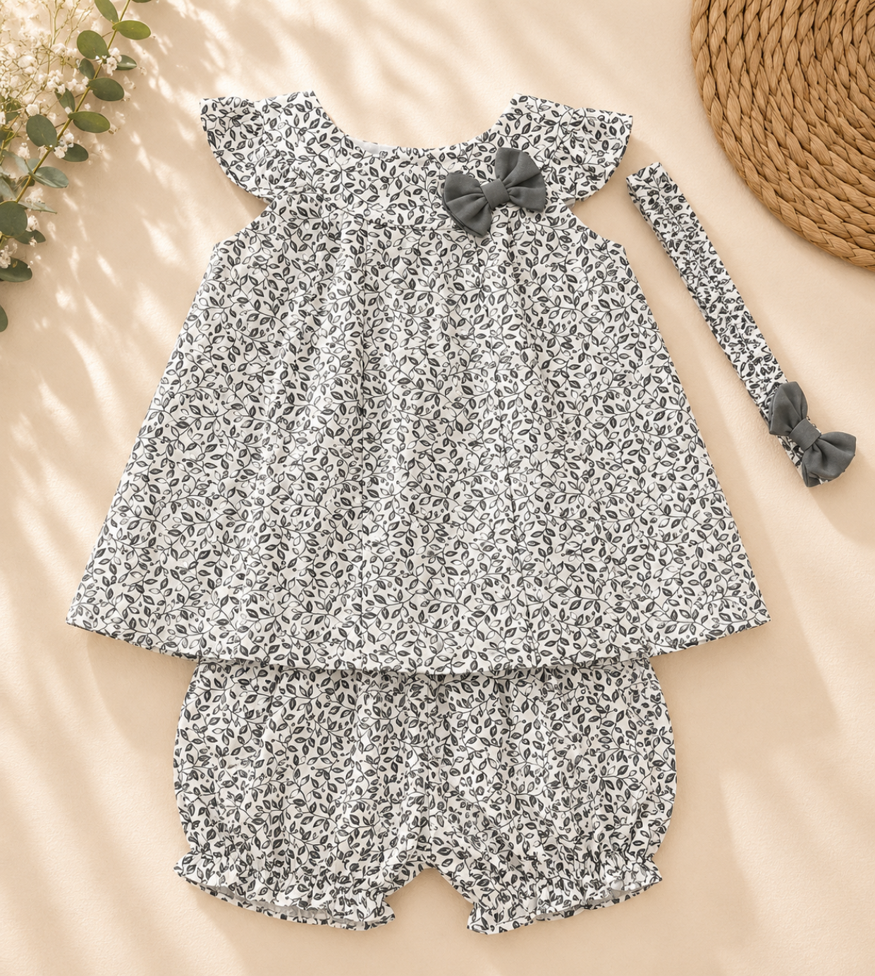 A baby girl's two-piece outfit set featuring a short-sleeve romper and matching bloomers in a black and white leopard print, styled with a matching headband. The outfit is laid flat on a beige background with soft leaf shadows, alongside decorative props like green leaves and a woven straw hat.