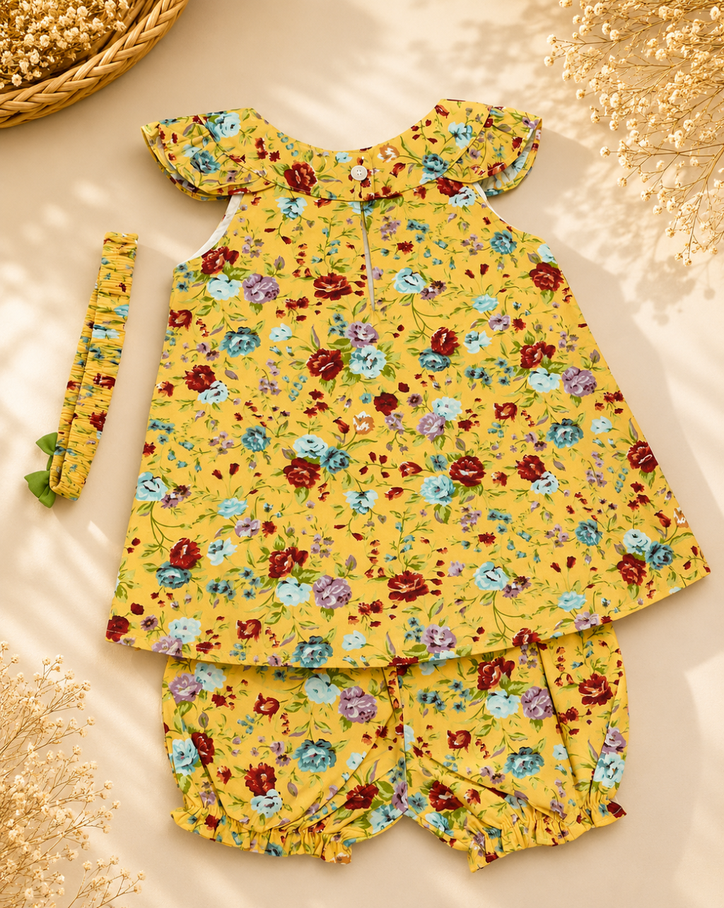 A baby girl's two-piece outfit set featuring a yellow sleeveless top with ruffled shoulders and matching shorts, both decorated with a colorful floral print. A matching yellow headband with green leaf accents is also included.