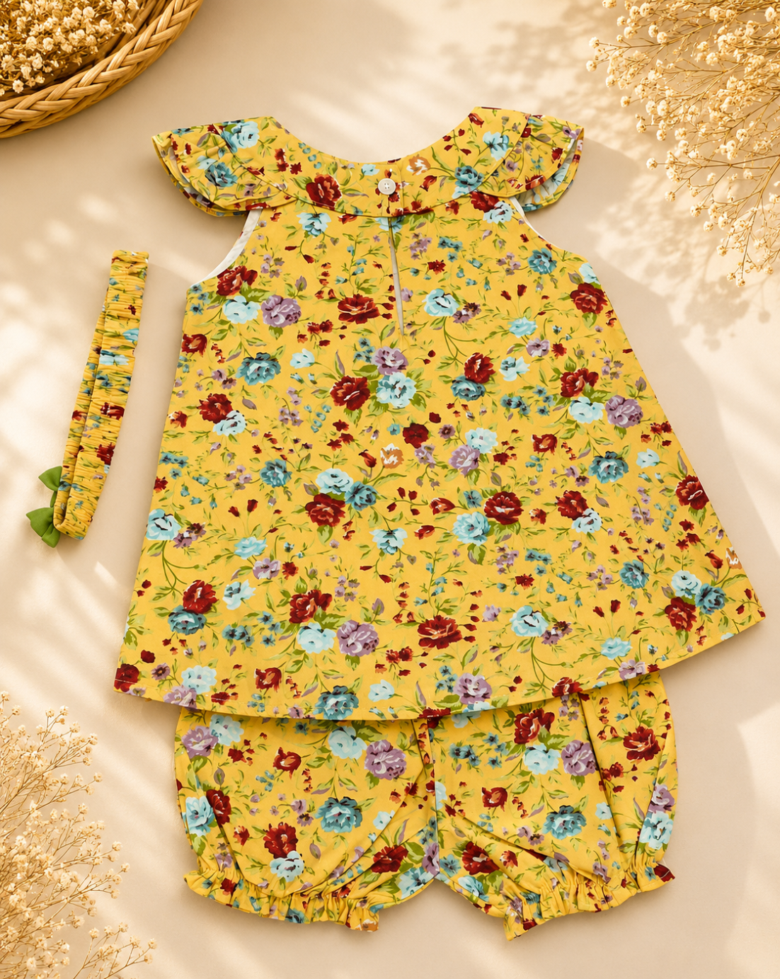 A baby girl's two-piece outfit set featuring a yellow sleeveless top with ruffled shoulders and matching shorts, both decorated with a colorful floral print. A matching yellow headband with green leaf accents is also included.