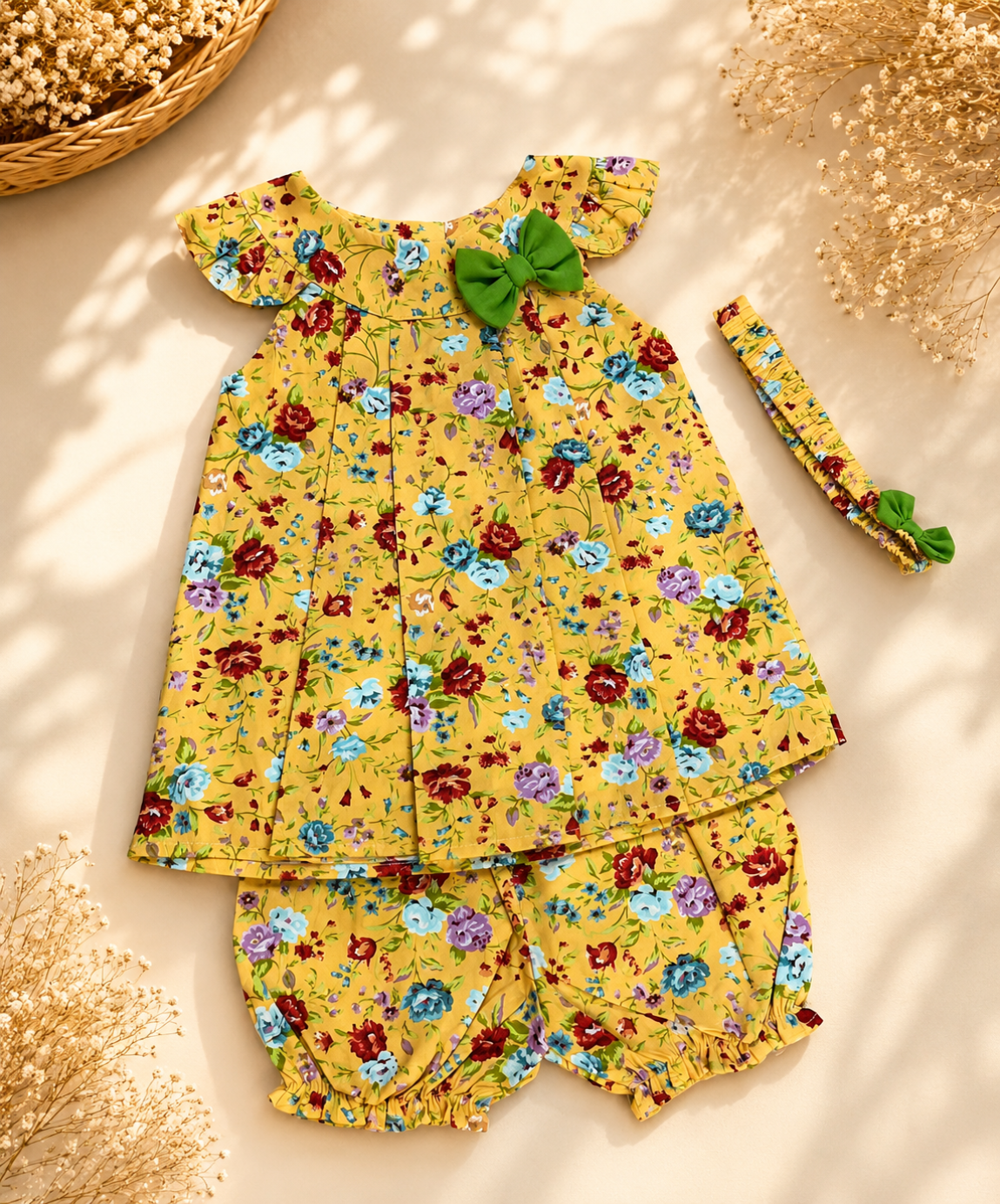 A baby girl's two-piece outfit set featuring a yellow sleeveless top with ruffled shoulders and matching shorts, both decorated with a colorful floral print. A matching yellow headband with green leaf accents is also included.