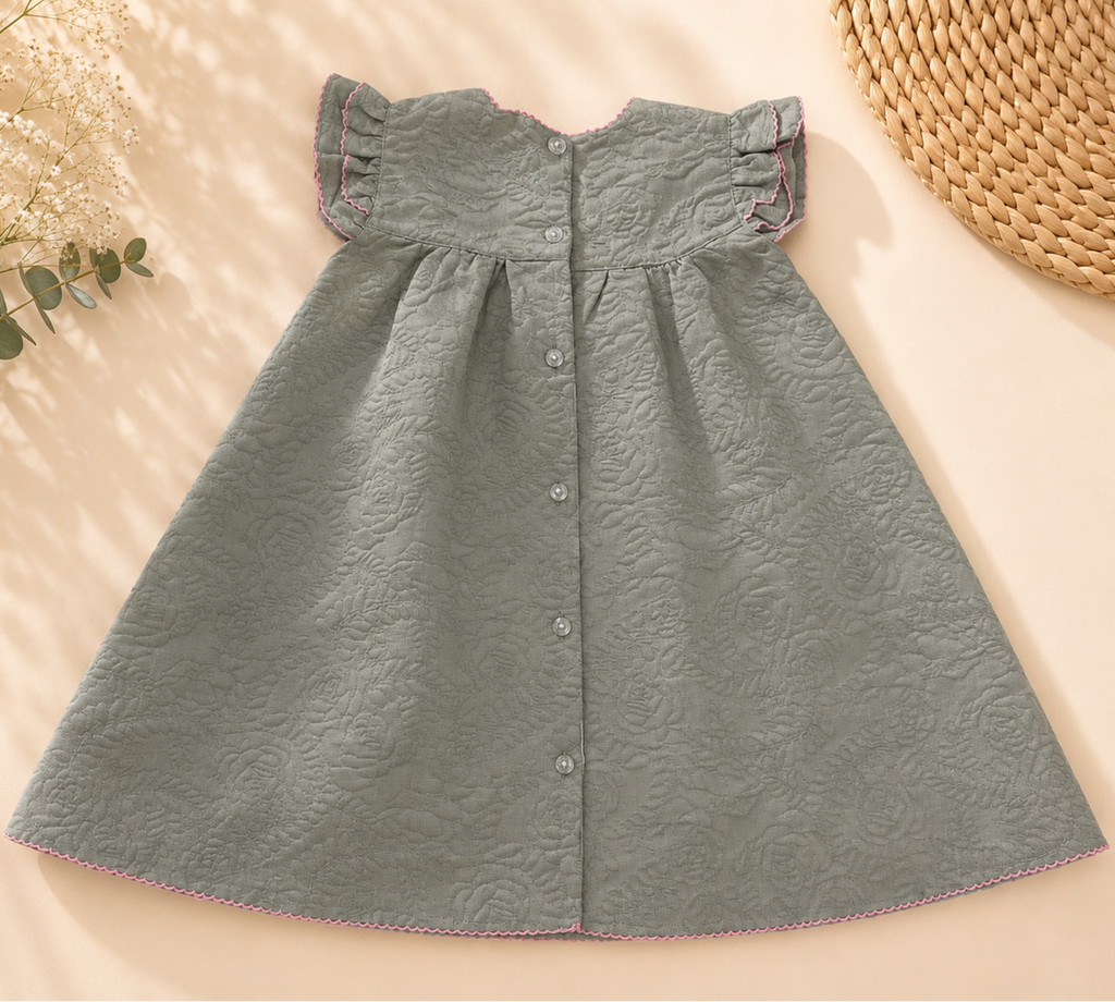 A baby girl's off-the-shoulder dress in a textured sage green fabric, laid flat on a warm beige background with decorative dried flowers and a woven straw hat.