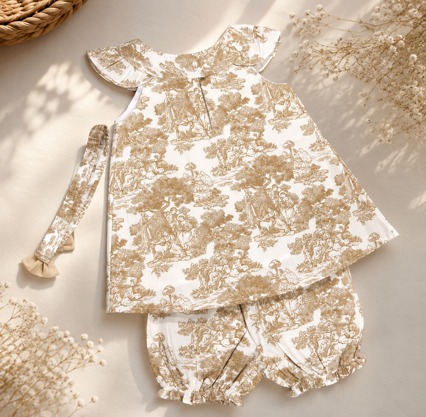 A baby girl's two-piece clothing set featuring a short-sleeve top and matching shorts in an off-white fabric with a brown toile de Jouy pattern, accompanied by a matching headband. The set is styled in a flat-lay arrangement with dried baby's breath flowers and a woven basket on a warm beige background.
