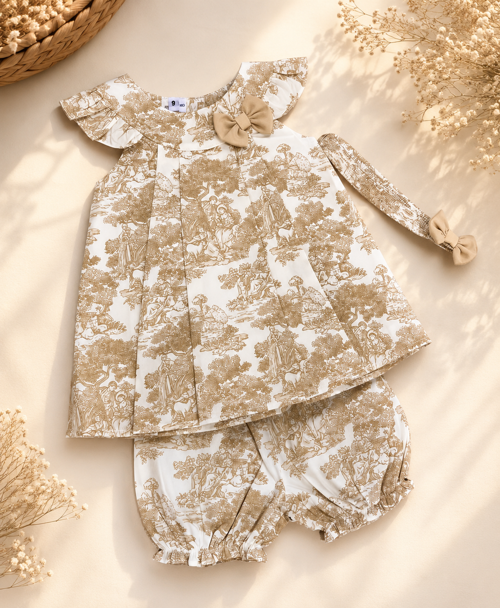 A baby girl's two-piece outfit set featuring a ruffled long-sleeve top and matching bloomers, both in a beige and white toile pattern. The set is styled in a flat lay with dried flowers and a woven basket on a warm beige background.