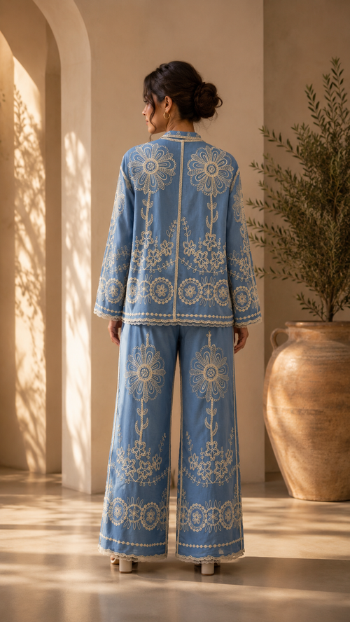  a light blue two-piece outfit with beige floral embroidery, consisting of a long-sleeve top and wide-leg pants, 