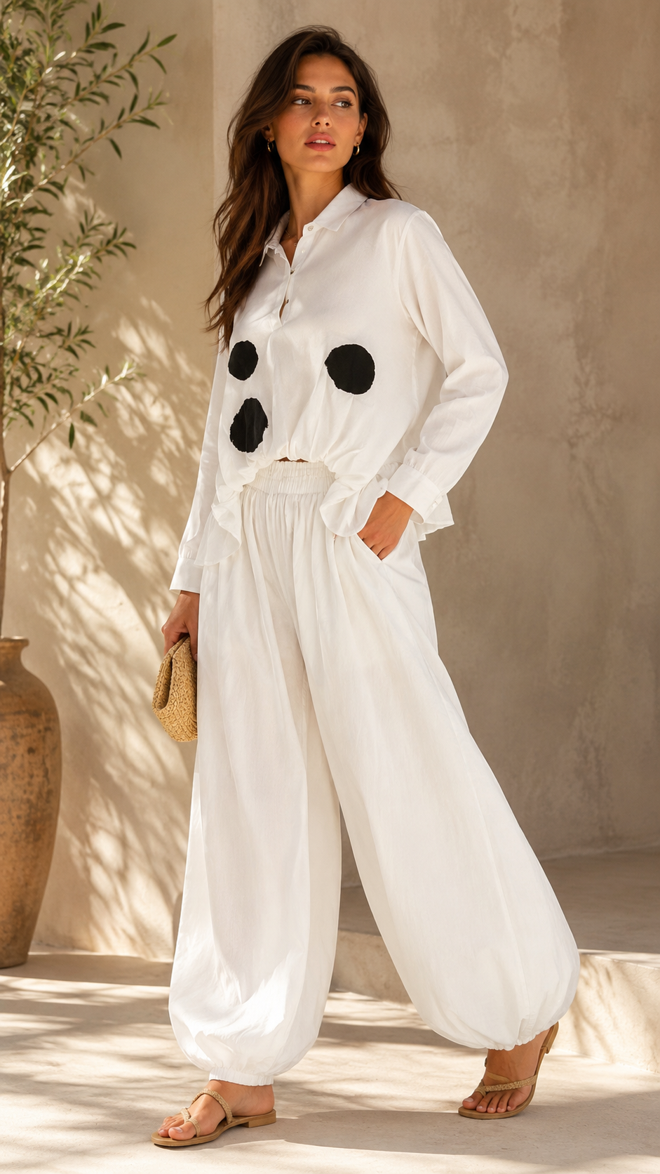 A woman models a white long-sleeve button-up shirt and matching wide-leg pants set. The shirt features three large black circular patches on the chest, and the pants have a drawstring waist.