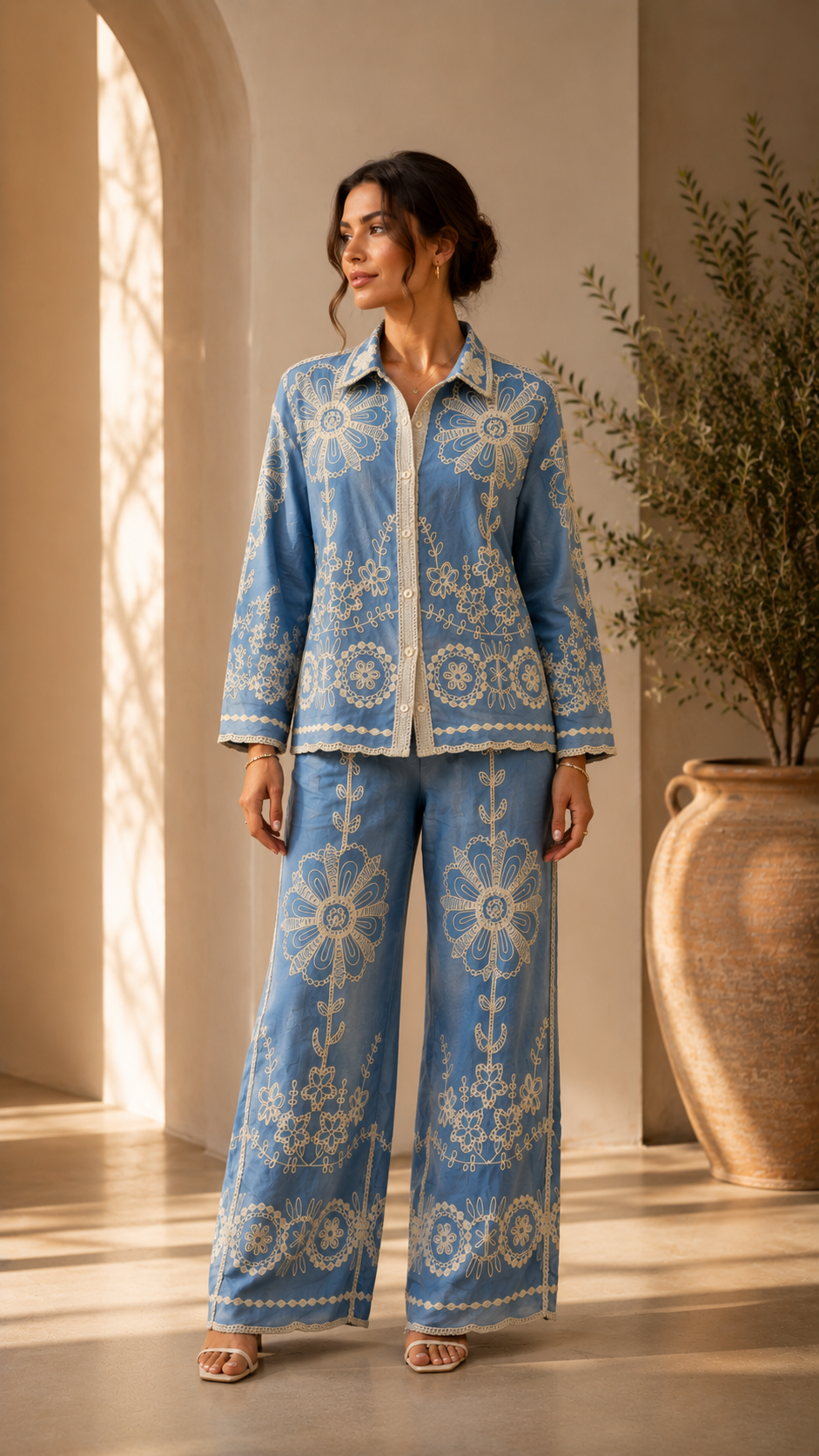 A  light blue two-piece set with white floral embroidery