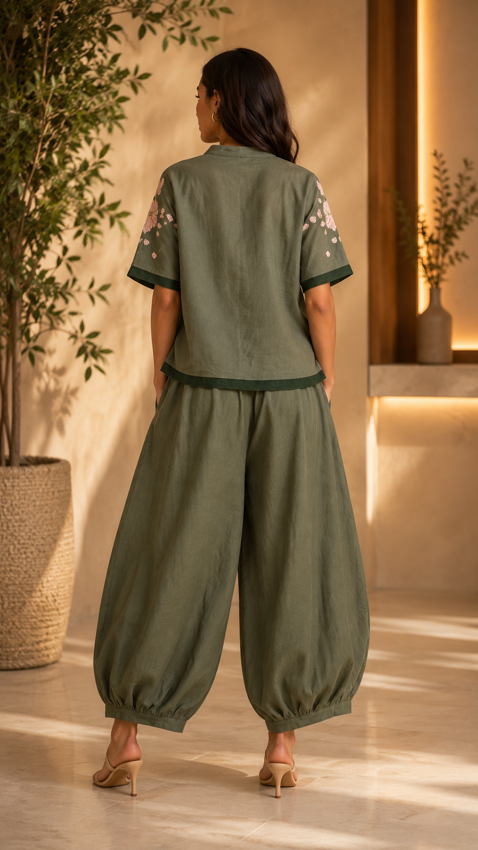 A woman viewed from behind wearing an olive green two-piece outfit with short sleeves featuring floral embroidery on the upper arms and matching wide-leg harem pants, set in a warm, sunlit indoor environment with potted plants.