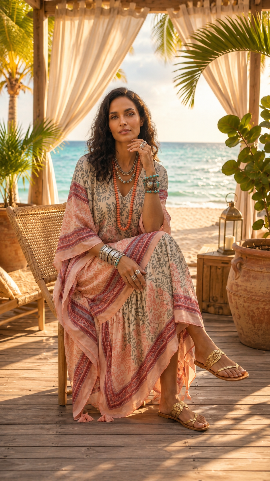 a long, loose bohemian-style printed dress or kaftan in soft pink, peach, and beige tones